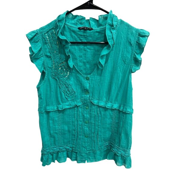 Chaudry KC Womens Button Down Ruffle Blouse Sequins Baby Doll Cap Sleeve Sz L - Picture 1 of 9